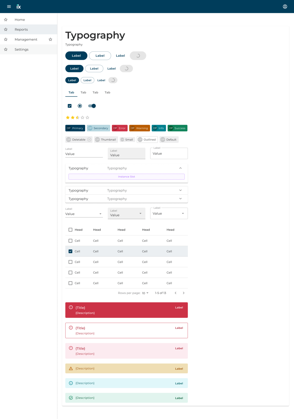 The iX design system component library — buttons, inputs, tabs, tables, alerts and more