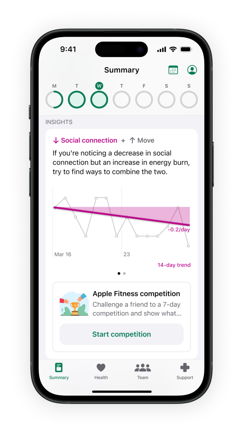 ESNTL insights on the landing page, with an Apple Fitness competition