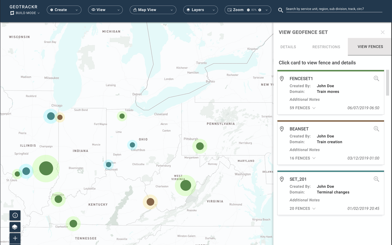 Geotrackr — a live map of the rail network with geofence sets organized by domain
