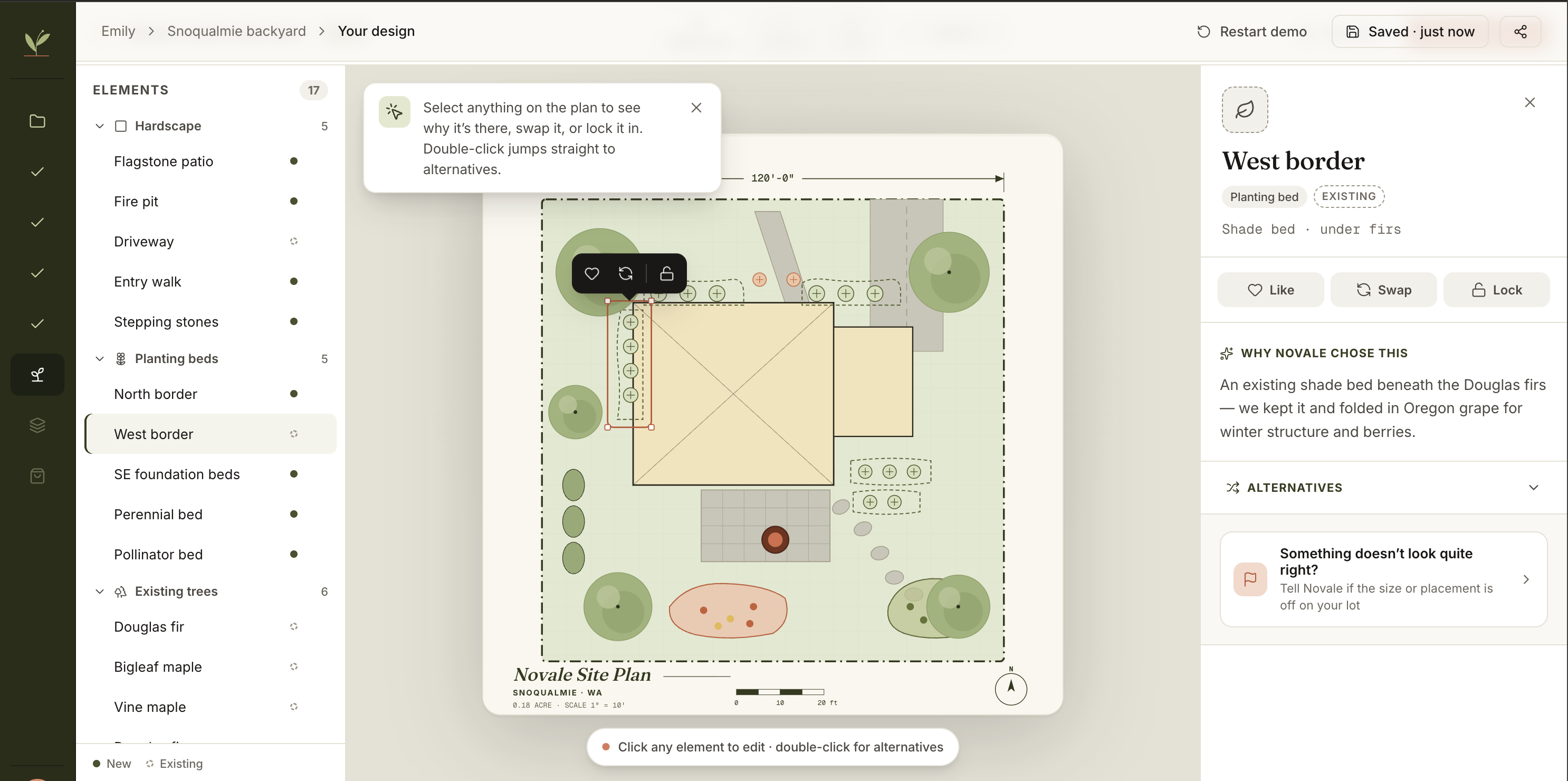 A sneak peek of Novale — an editable landscape site plan generated from a homeowner's property