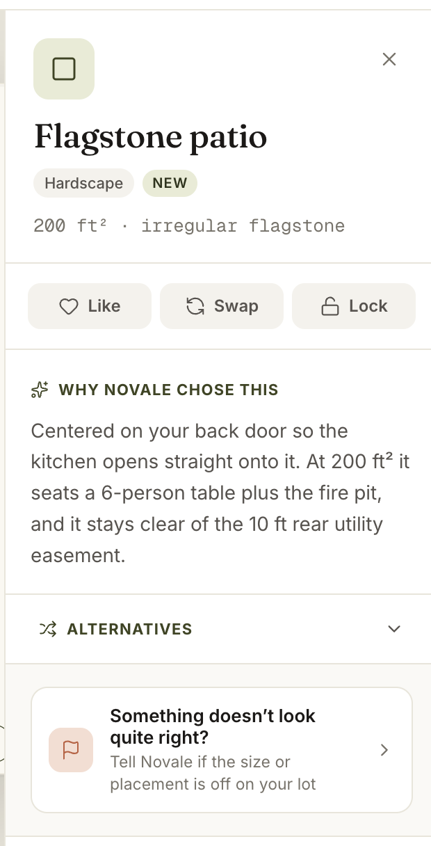 Novale element detail panel — the reasoning behind a flagstone patio, with Like, Swap, Lock, alternatives, and a feedback prompt