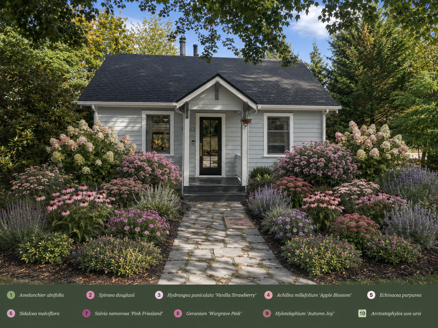 An AI-generated photorealistic render of a white cottage with a fully landscaped front garden and a numbered legend of plant species