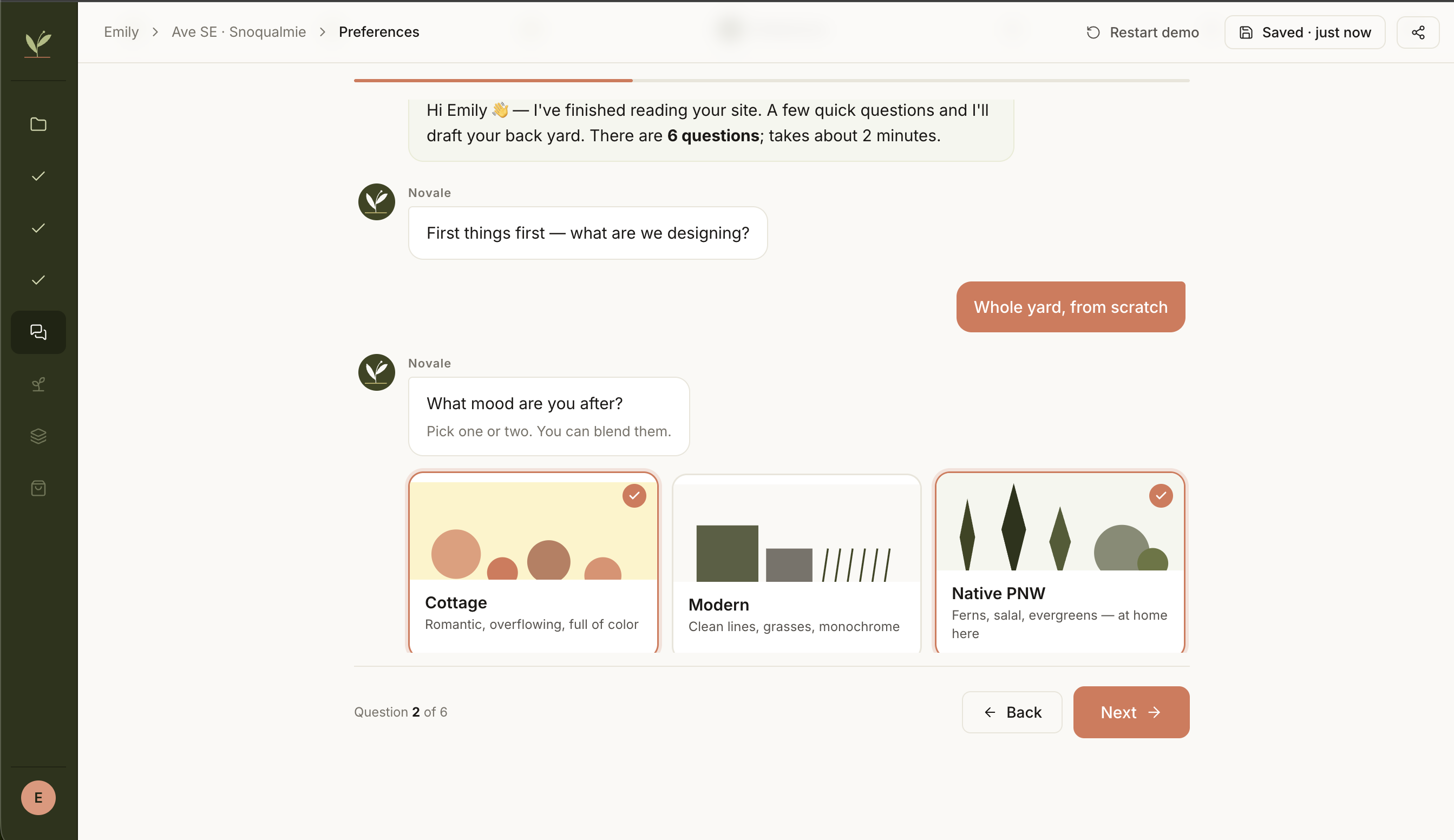 Novale preferences questionnaire — a conversational set of questions asking what to design and which style or mood the homeowner wants