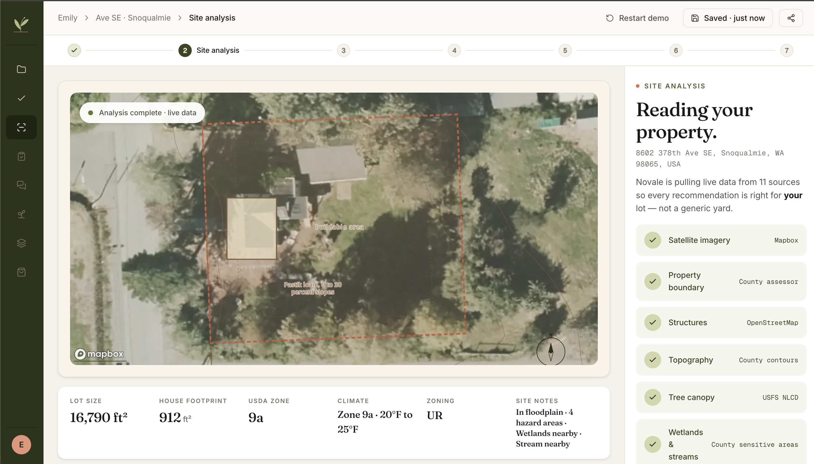 Novale site analysis — a real aerial view of the lot reading property boundaries, structures, topography, tree canopy, wetlands and floodplain from 11 data sources