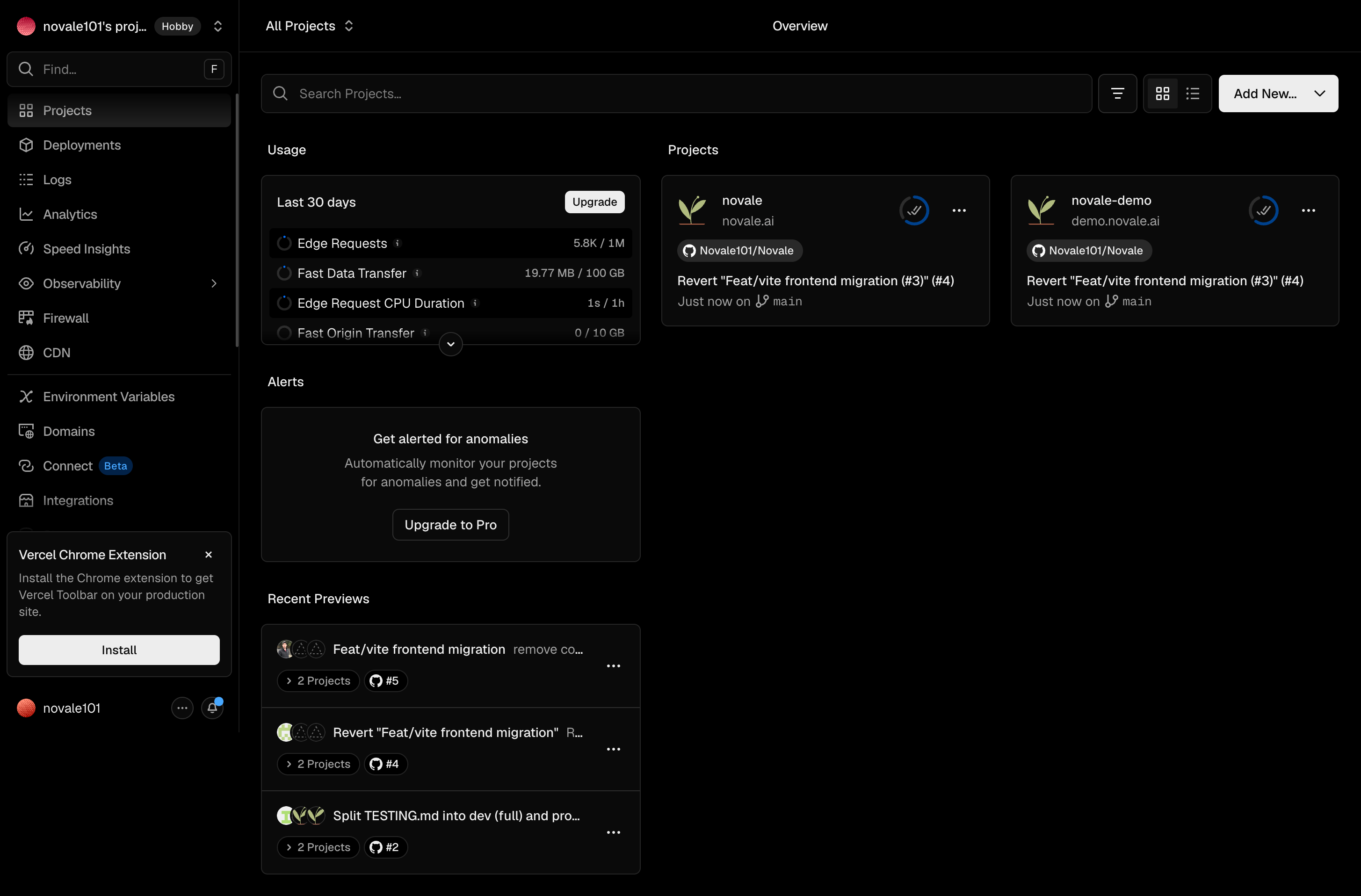 Vercel workspace showing the novale and novale-demo projects deployed and live