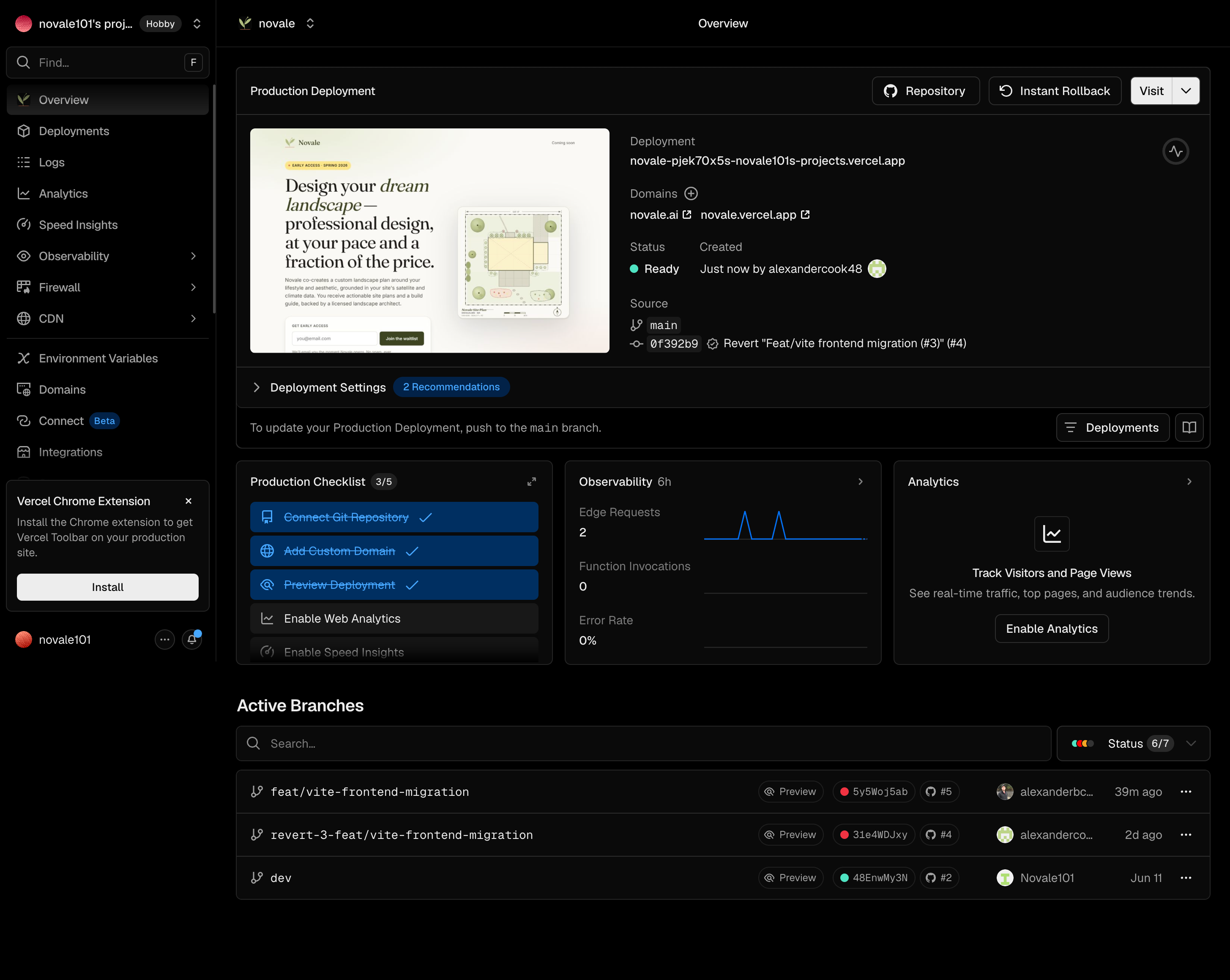 Vercel production deployment for novale.ai — status ready, custom domain connected