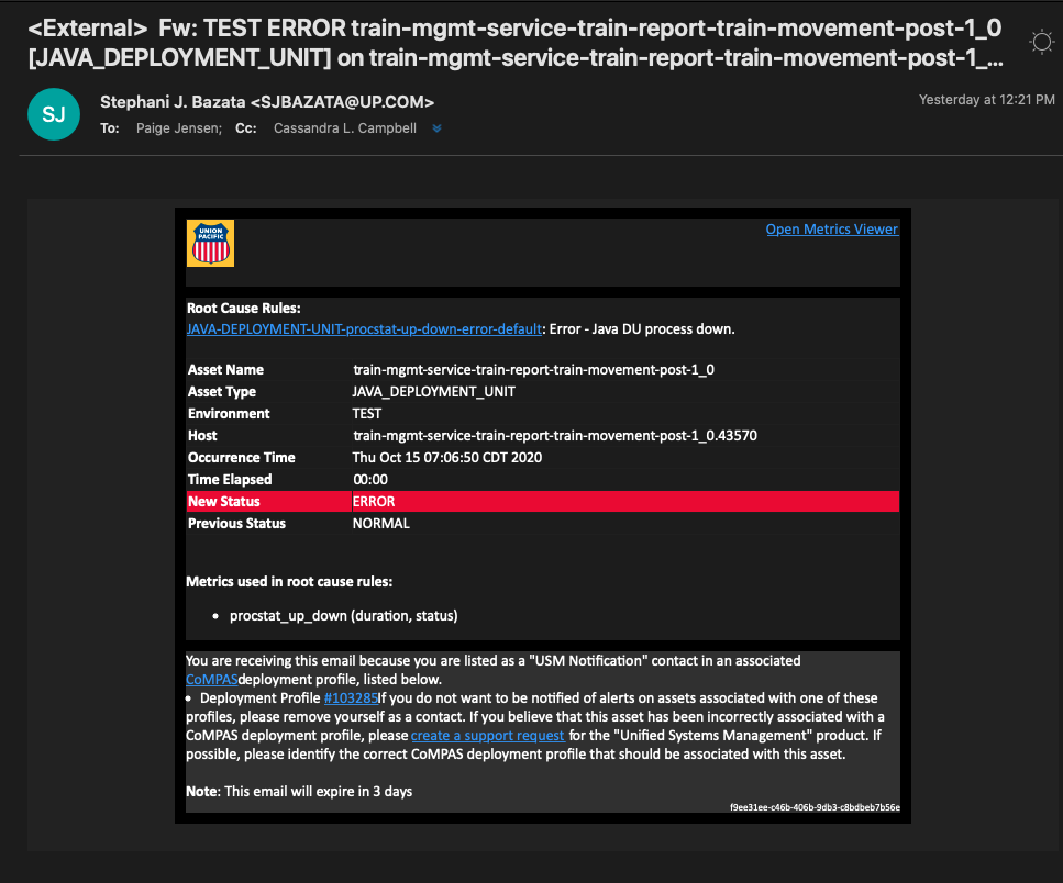 Example of one alert email